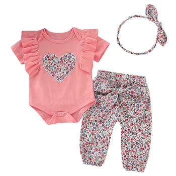 

3pc Newborn Girls Summer Clothes Short Sleeve Ruffle Floral Outfits Suit Ruffled Romper + Pants + Bowknot Headband Clothes Set