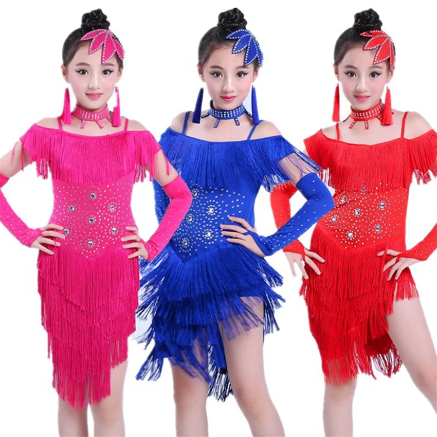 

Kids Latin Dance Dresses for Girls Fringe Dress Tassel Salsa Sequin Stage Ballroom Performance Dancing Practice Clothing