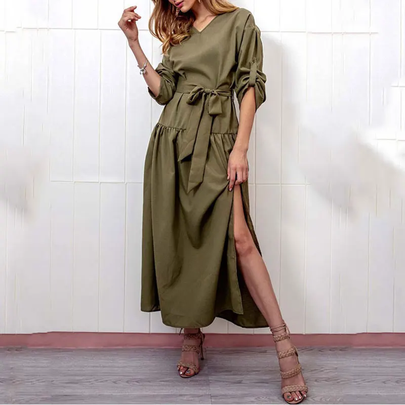 

2018 Floor Length Dress Women Winter Autumn Ladies Solid Long sleeve Loose Party Dresses With belt Warm Long Maxi Dress