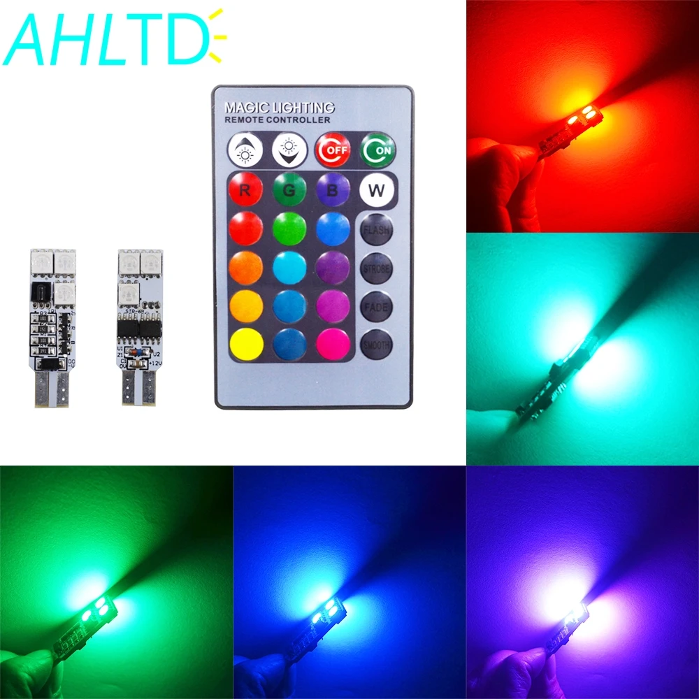 

2Pcs T10 RGB 6Led DC 12V 3W Changing LED Lamp Bulb Colorful Auto Car Interior Light with Remote Control bulbs Fesoon Dome Light