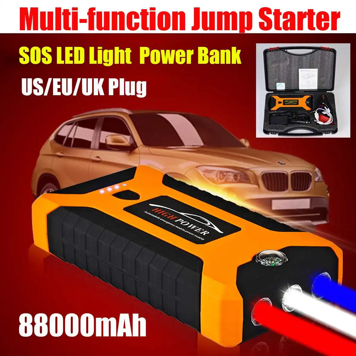 

88000mAh High Capacity Car Jump Starter 600A 12V Portable Power Bank Car Starter For Car Battery Booster Charger Starting Device