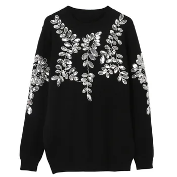 

Runway Designer Oversized Sweater Women Black Pullover Olive Branch Sequins Beading Knitted Elegant Jumper
