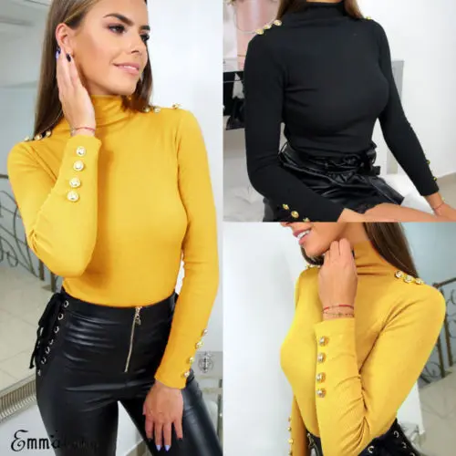 

Stylish Women Bodycon Sweater Autumn Winter Pure Color Knitted High collar Button Slim Turtleneck Pullover Warm Jumper