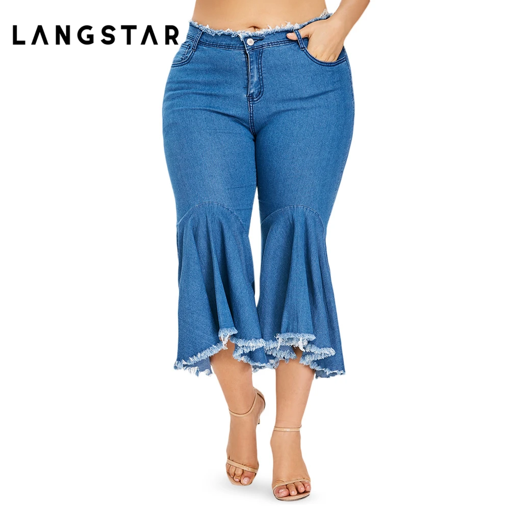 

New Jeans Woman Trousers 2018 Denim Wide Leg Jeans Stretch Ladies Flare Jeans Pants Plus Size 5XL Women Ruffle Frayed Hem Pants
