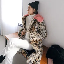 Большой размер, большой размер, d, розовый воротник из искусственного меха кролика, леопардовая Толстая теплая длинная куртка, ветровка, пальто, зимнее пальто, модная верхняя одежда