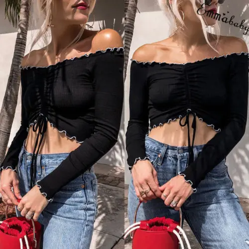 Hirigin новые Для женщин футболки Sexy с плеча уличная одежда длинным рукавом оборками