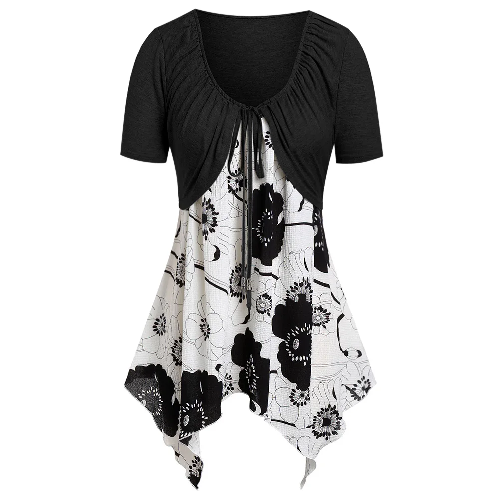 

Two Pieces Set Summer Plus Size T-Shirts Floral Print Cami Crop Top T-Shirt Harajuku Casual Spaghetti Strap Long Tunic TShirts