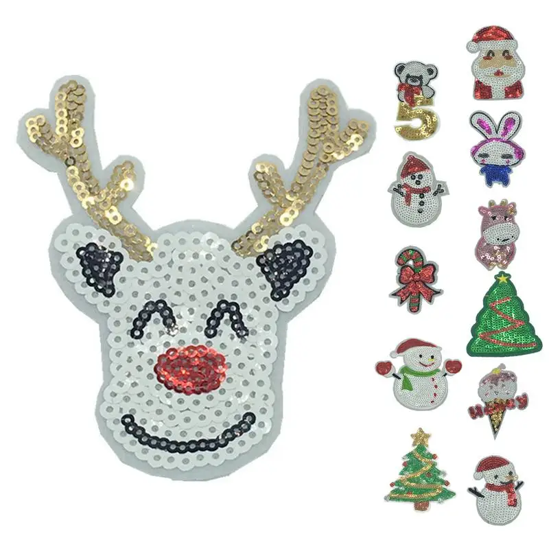 

12 Embroidered Patch Sequins Set Santa Claus Christmas Tree Snowman Sequins Clothing Accessories Home Sewing