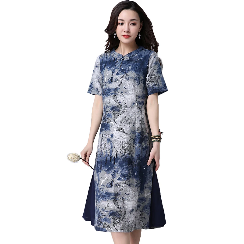 

2019 Summer Women Vintage Floral Print Dresses Casual O-neck Short Sleeve A-line Mid-Calf Party Dress Vestidos