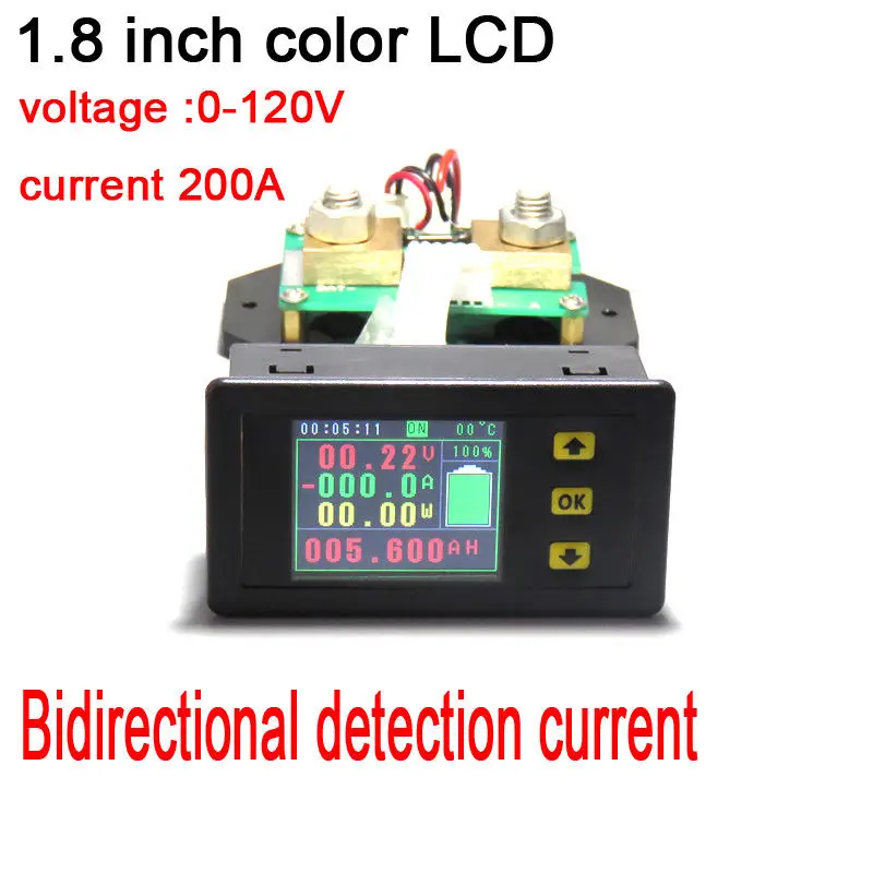

120V 200A Battery Monitor Meter DC Voltage current temperature Capacity power coulomb Charging discharge volt ammeter + shunt
