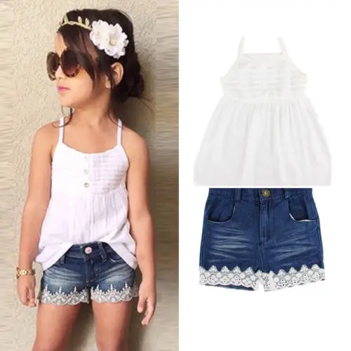 

1-6T Kids Girls Summer Clothes Sets Toddler Babies Girls Outfit Clothing T Shirt Tops+ Denim Shorts Set
