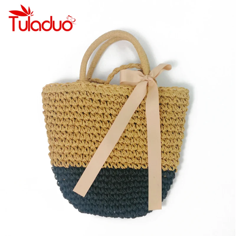 

New Design Simple Solid Color Bow Ribbon Trend Wild Beach Bag Sweet Style Lady Shoulder Bag Straw Crossbody Bags for Women Tote