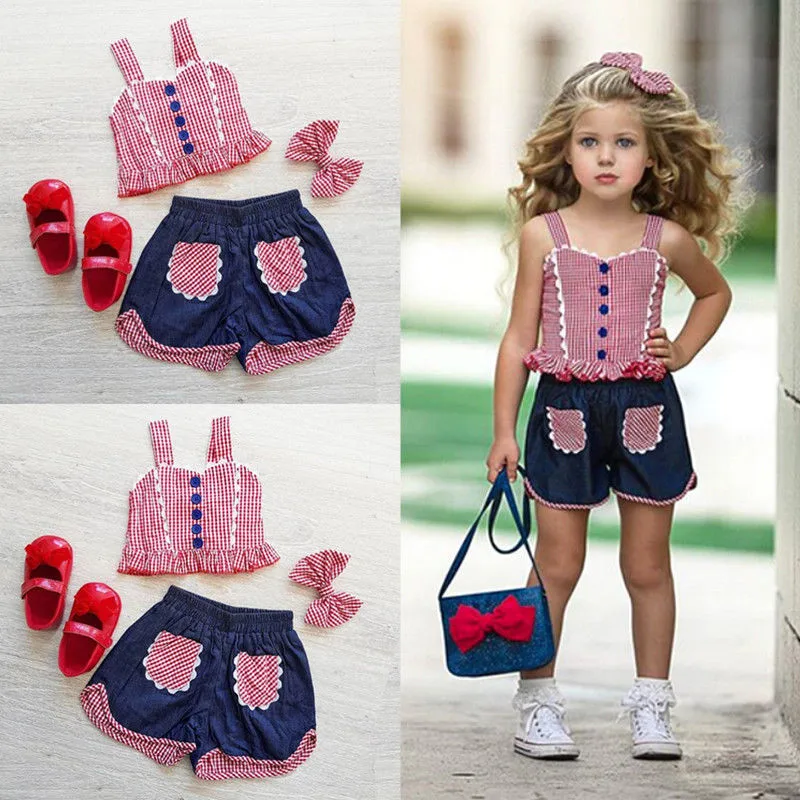 

PUDCOCO Newest Toddler Baby Girls Plaid Vest Crop Tops Tee +Shorts+ Headband Outfits Clothes Sets USA 1-6T