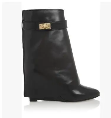 

Plus Size 10 Solid Color Shark Lock Suede Wedge Boots Height Increasing Fold Over Ankle Boot Women Size 10 Drop Ship