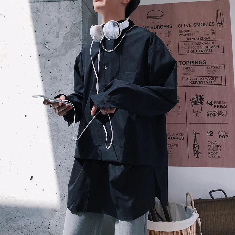 

Men's shirt 2019 spring new slim solid color lapel long sleeve fall shoulder pullover shirt loose shirt casual youth men's wear