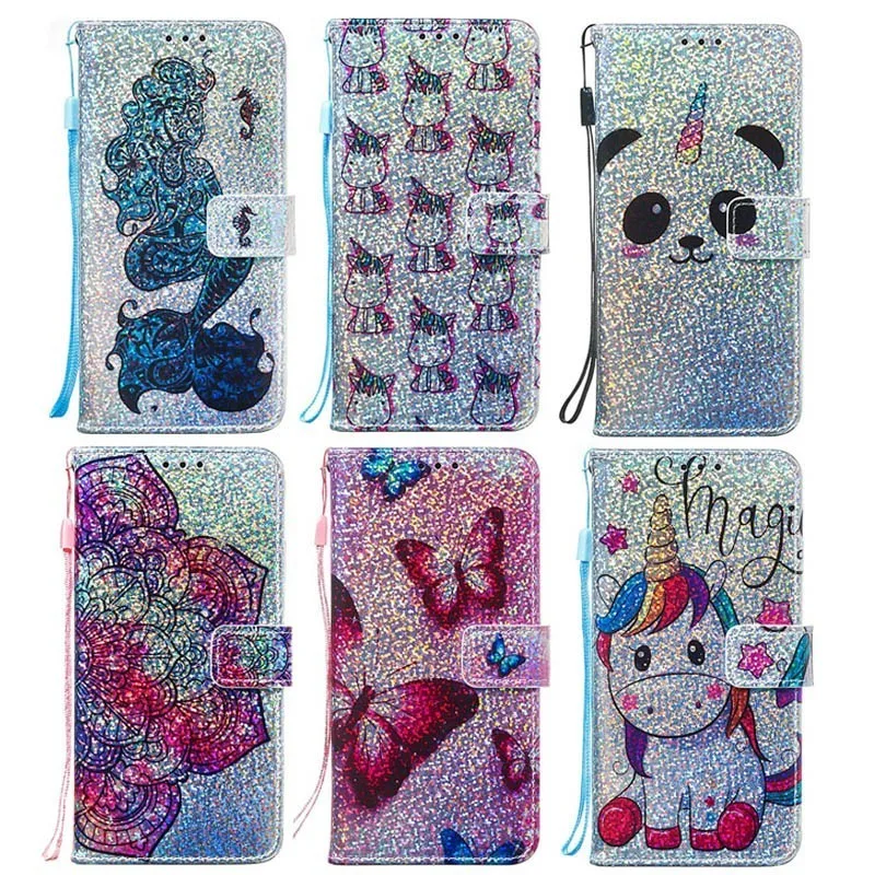 

Luxury Glitter Leather Card Wallet Flip Phone Protect Case For Xiaomi Redmi Note 7 Pro Note7 Panda Cartoon Unicorn Back Cover