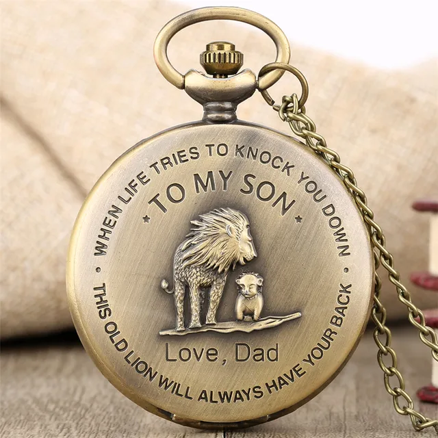 Bronze Lion Pocket Watch Quartz Necklace Chain To My Son Love Dad Design Pendant Bronze Lion Pocket Watch Quartz Necklace Chain To My Son Love Dad Design Pendant