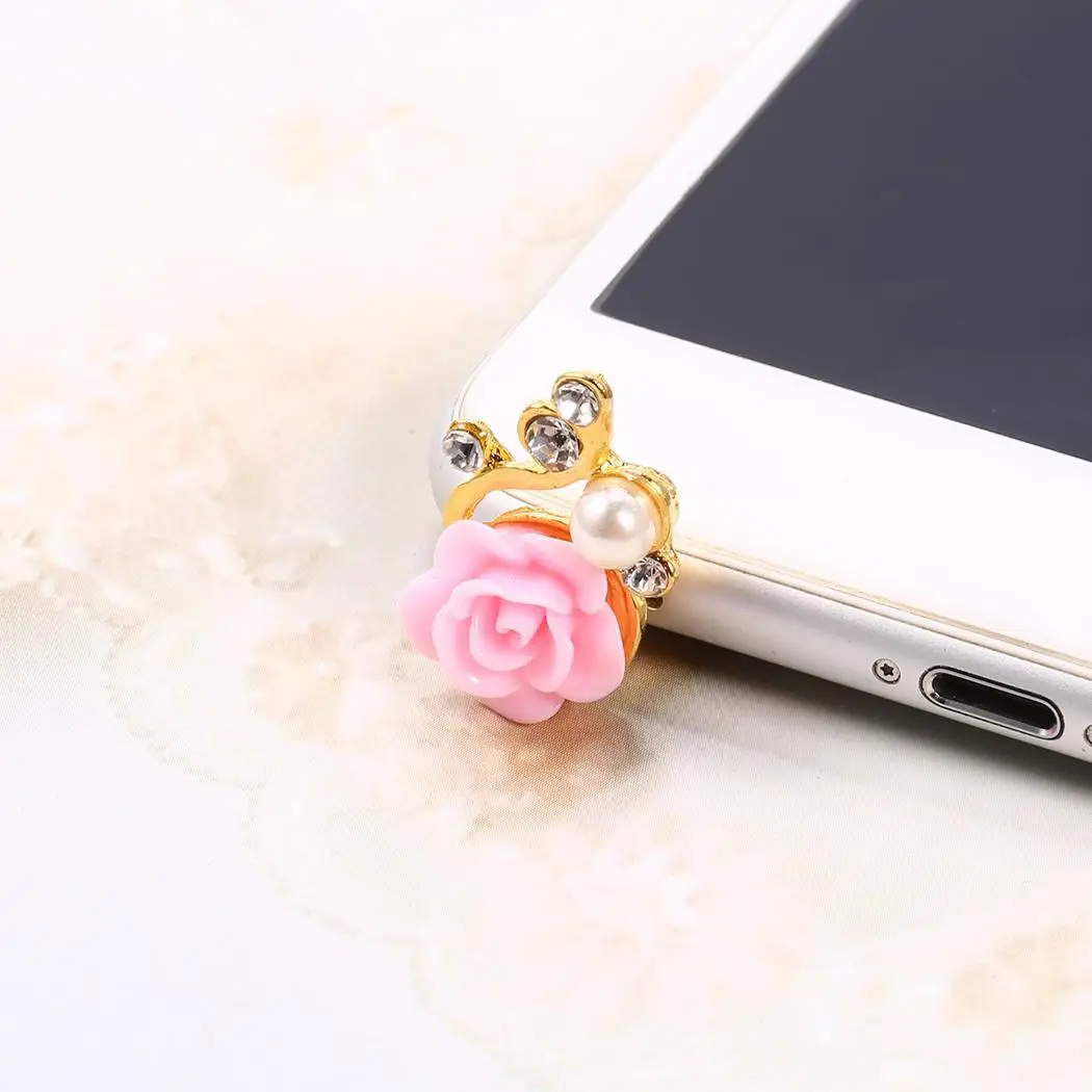 

3.5mm Jack Flower Shape Plastic Pearl Rhinestone Mobile Phone Dust Plugs Universal Pearl White Purple Pink Blue