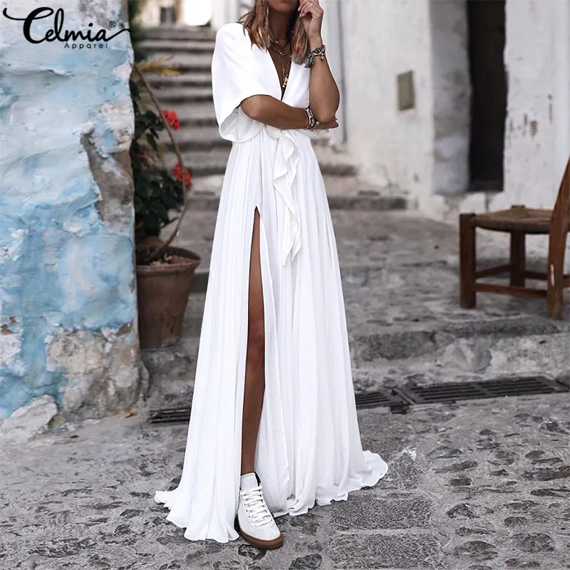 

Celmia Summer Robe Women Maxi Dress 2019 Casual Sexy V Neck Elegant Floor-length High Split Long Party Vestidos Mujer Plus Size
