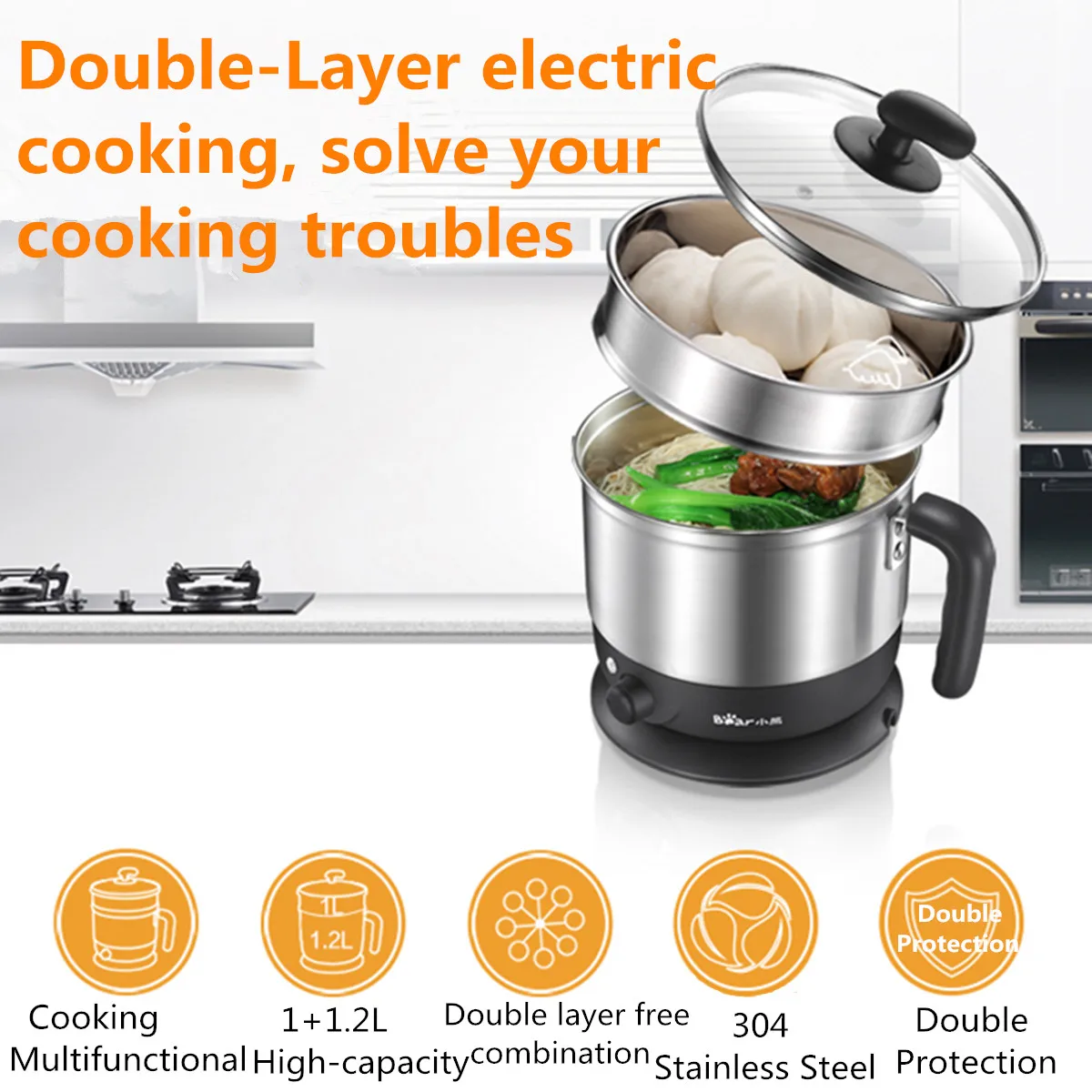 

2L 600W Multi-function Electric Boiler Skillet Noodles Rice Cooker Thermal Double Layer Stainless Steel Insulation Cooking Pot