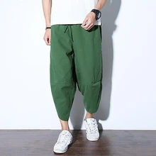 Летние мужские свободные джоггеры Брюки повседневные хлопковые льняные мешковатые брюки до середины икры брюки на шнурке шаровары штаны-шаровары уличная одежда большого размера