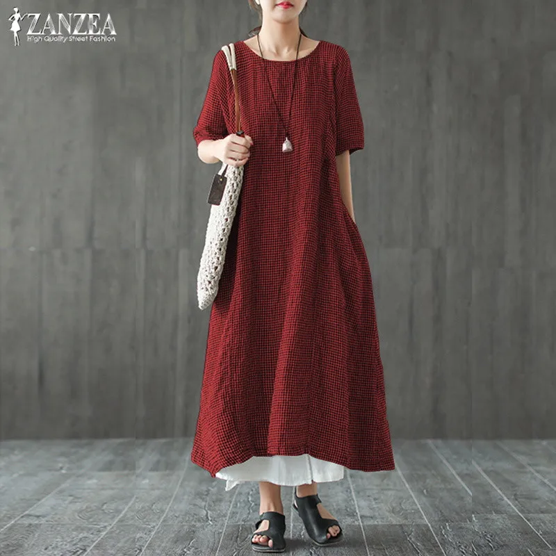 ZANZEA 2019 Check Summer Dress Women's Sundress Female Short Sleeve Summer Vestido Plus Size Vintage Casual Robe Femme Kafan 5XL