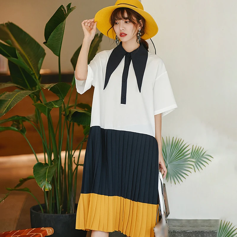 2019 Summer New Contrast Color Patchwork Pleated Hem Dress For Women Fashion Half Sleeve Turn Down Collar Cloth W475 |