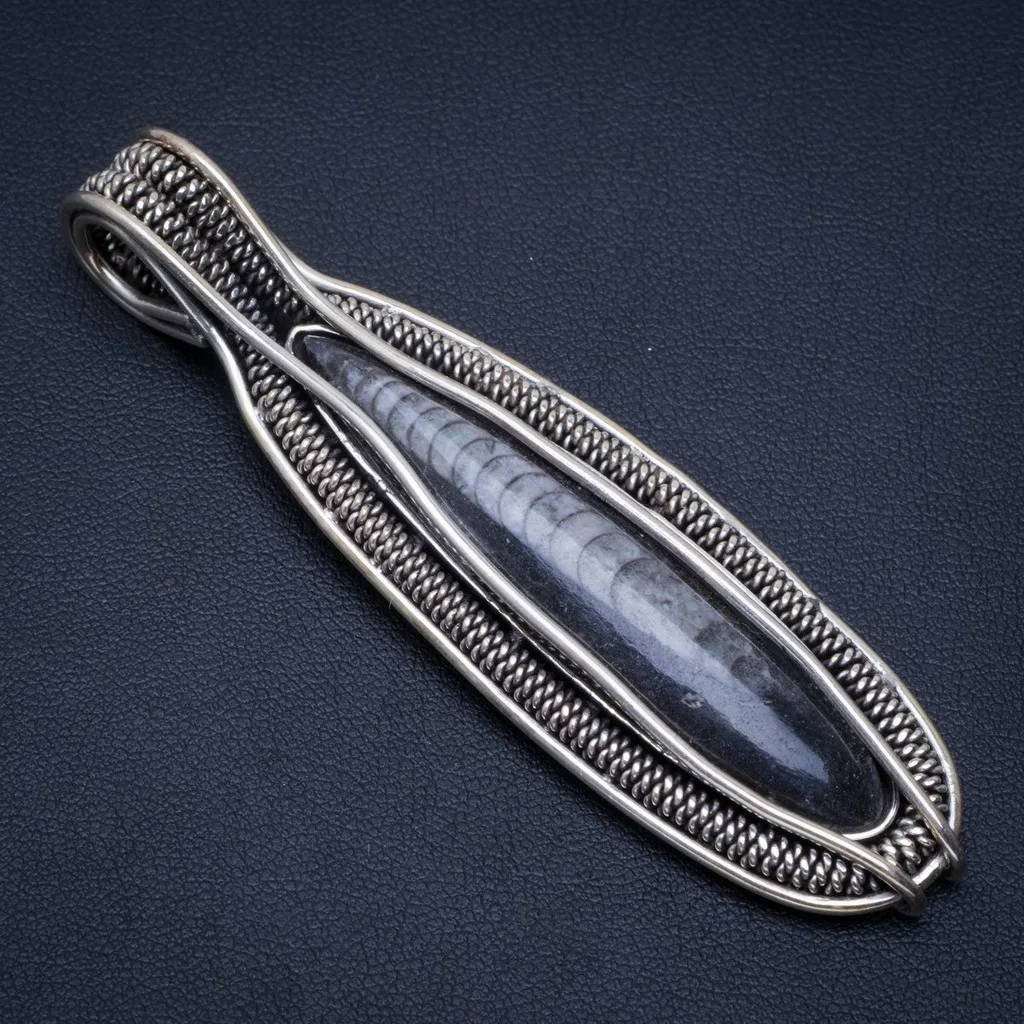 

Natural Fossil Orthoceras Shell Handmade Unique 925 Sterling Silver Pendant 3" A3842