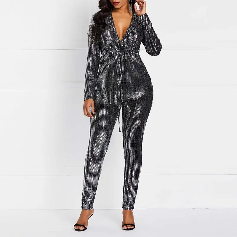 Fashion Women Blazer Set Silver Sequins Casual Coat Skinny Pants 2 Piece Street Office Elegant Lace Up Slim Spring Ladies Suits Fashion Women Blazer Set Silver Sequins Casual Coat Skinny Pants 2 Piece Street Office Elegant Lace Up Slim Spring Ladies Suits