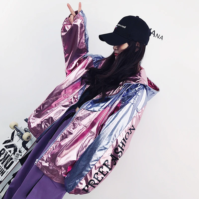 #3173 Hip Hop Jacket Windbreaker Silver Spliced Color Hooded Bomber Coat Women Bat Sleeved Letter Printed Plus Size Jacket Loose