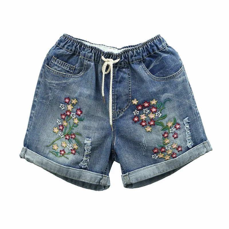 

Embroidery floral Holes Cotton Denim Shorts Women Summer 2019 Casual loose Plus size M-3XL