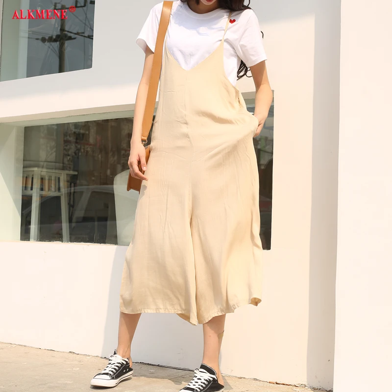 

ALKMENE summer new jumpsuit female Cotton Linen Long Jumpsuits V-neck loose one-piece bib solid color casual pants leg pants