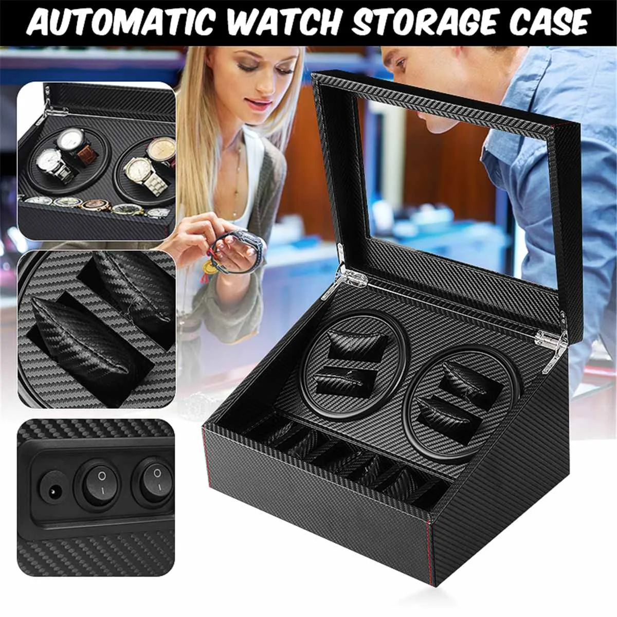 

4+6 Grid Gasket Automatic Rotation Watch Winder Garbon Fiber Jewelry Watch Storage Case Display Box Black
