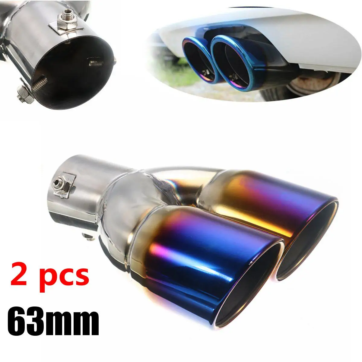 

Universal Double Outlet Stainless Steel Chrome Muffler Exhaust Pipe Tip End Trim Modified Tail Throat Liner Pipe