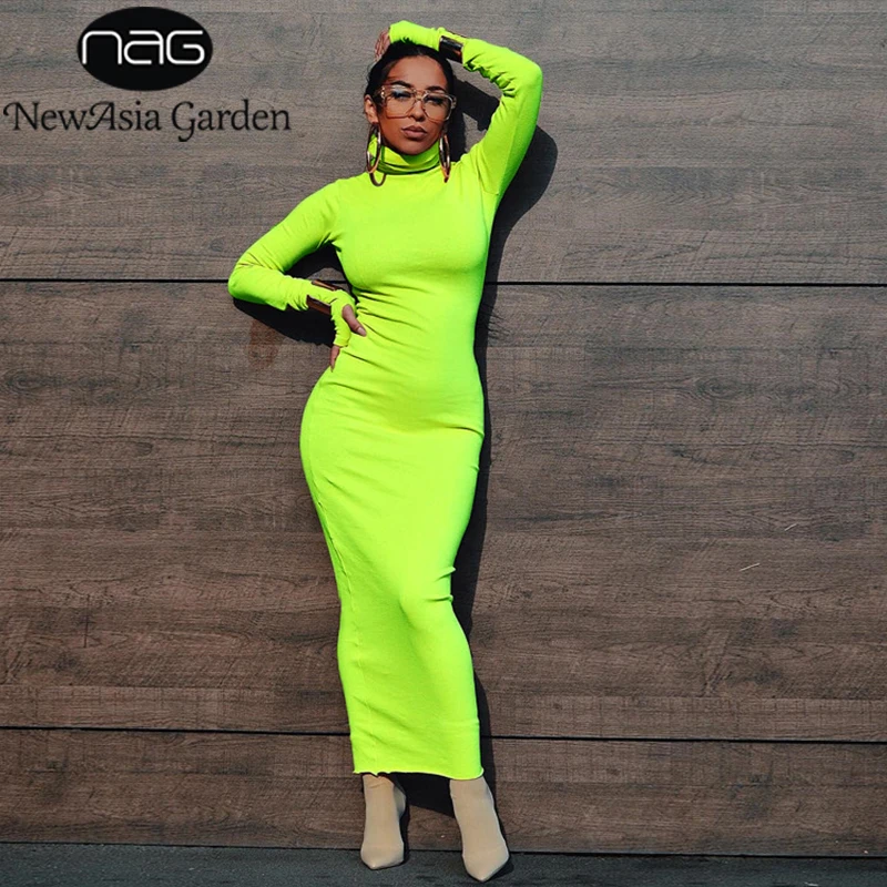 

NewAsia Turtleneck Winter Dress Women Sexy Long Sleeve Slim Long Pencil Dress Autumn Basis Casual Bocycon Dress Green Vestido