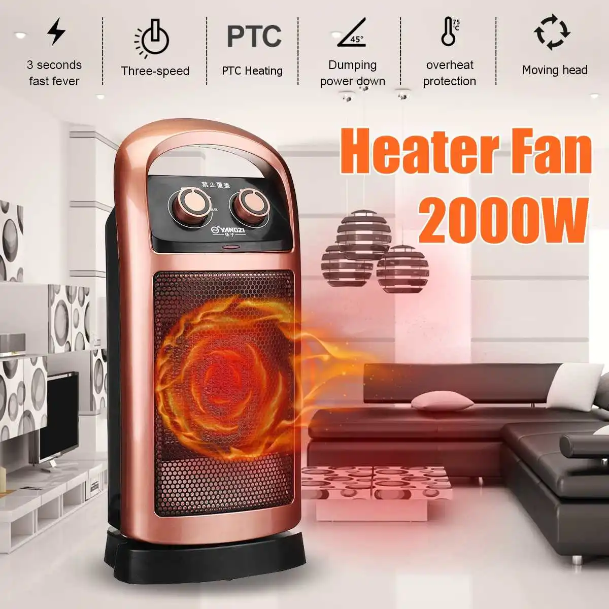 

2KW 220V Electric Air Heating Oscillating PTC Ceramic Warm Heater Fan For Home Room Bathroom Office Use