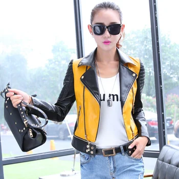 

New Spring Autumn Women PU leather Motorcycle Zipper Short Jacket Yellow Green Black Coat Female Plus Size S-3XL Streetwear