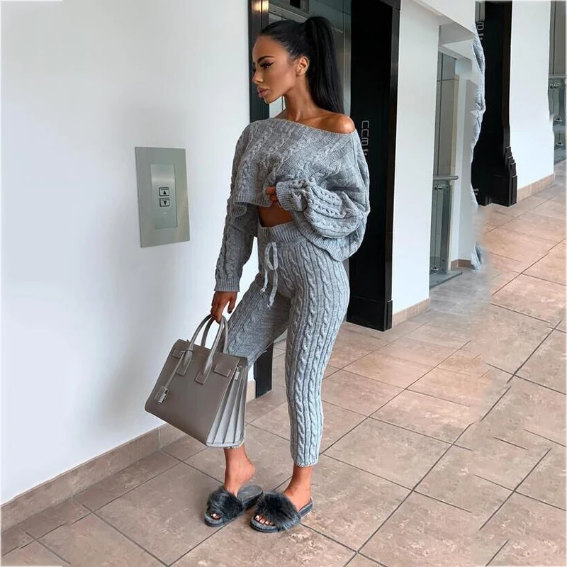

2019 Autumn Winter Women Tracksuits Knitting Cotton Pullovers And Length Pants 2 Piece Women Set Suit Shoulder Off Top Pantalon