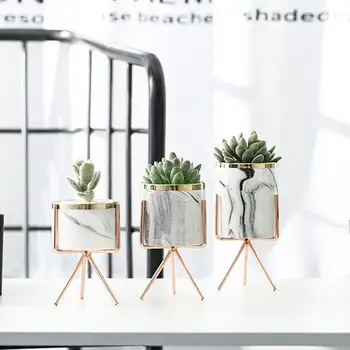 

3Colors Marble Iron Ceramics Flowerpot Fleshy Flower Ceramic Flowerpot with Iron Stand Desktop Planters Home Garden Decoration