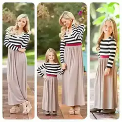 Модные платья для мамы и дочки, Одинаковая одежда для семьи, повседневное Полосатое платье в стиле пэчворк, праздничное платье с длинными