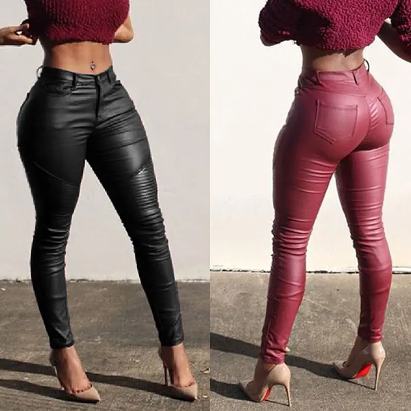 

Womens Stretch High Waist Pencil Pants Skinny PU Leather Leggings Trousers