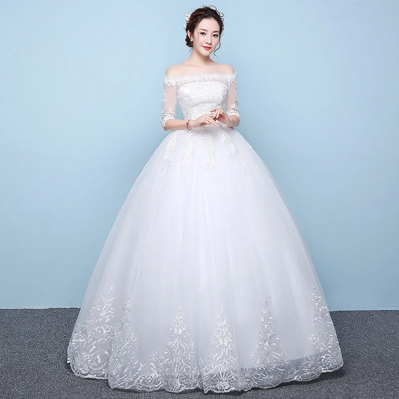 

Lace Appliques Wedding Dresses Ball Gown Boat Neck Lace Up Off The Shoulder 3/4 Sleeve Elegant Bride Dresses Vestido De Noiva