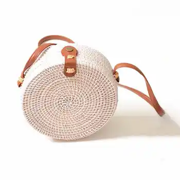 

Summer Woven Straw Bag Rattan Brown Black White Bohemia Beach Bag Handmade Circle Messenger Bag Star Bags(White)