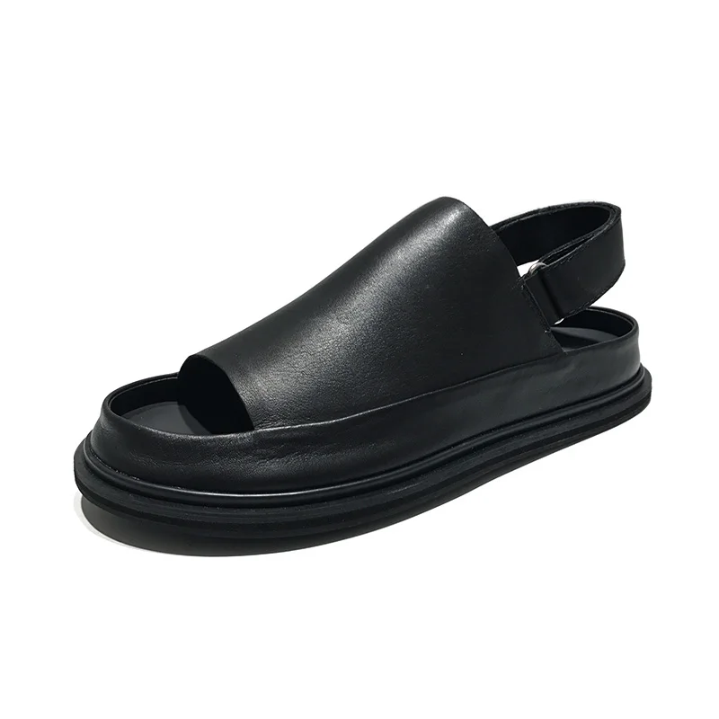 

2019 Fashion Japanese Men Sandals Genuine Cow Leather Gladiator Toeless Hook-Loop Casual Black Male Shoes