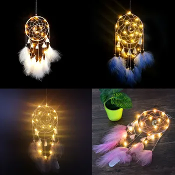

Hanging Ornaments Home Window Decoration Led Light Moon Pendant Handing Kitting Feather Dreamcatcher