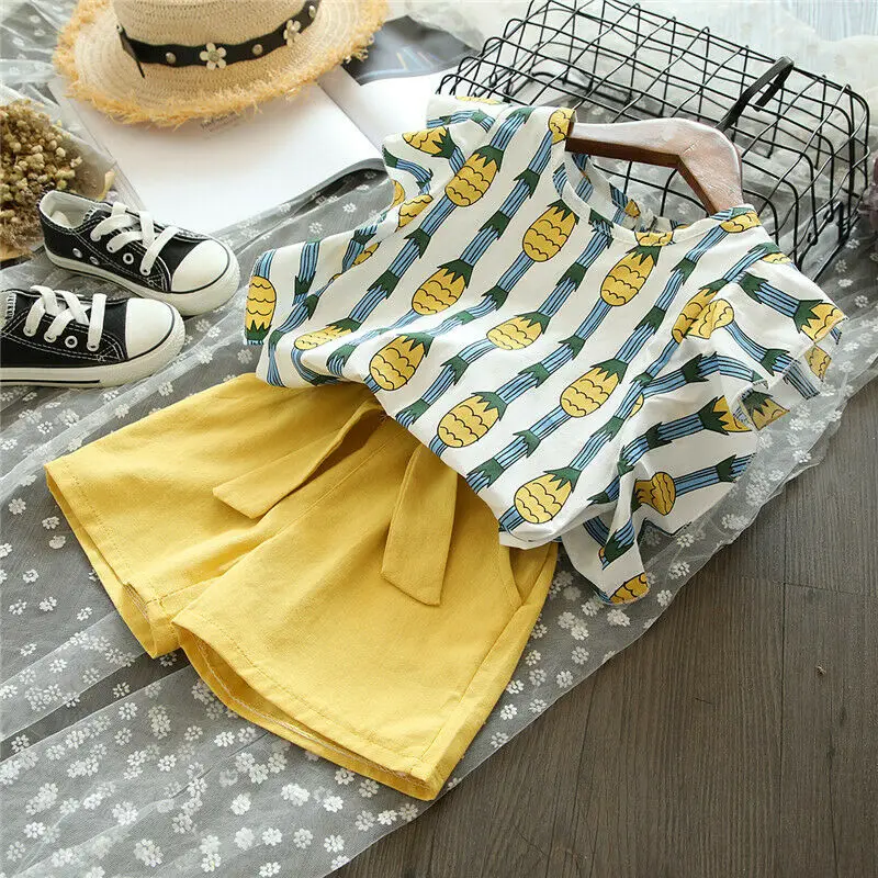 

Summer Infant Baby Girls Clothes Sets Pineapple Print Ruffles Sleeve T-Shirts Tops+Yellow Bow Shorts