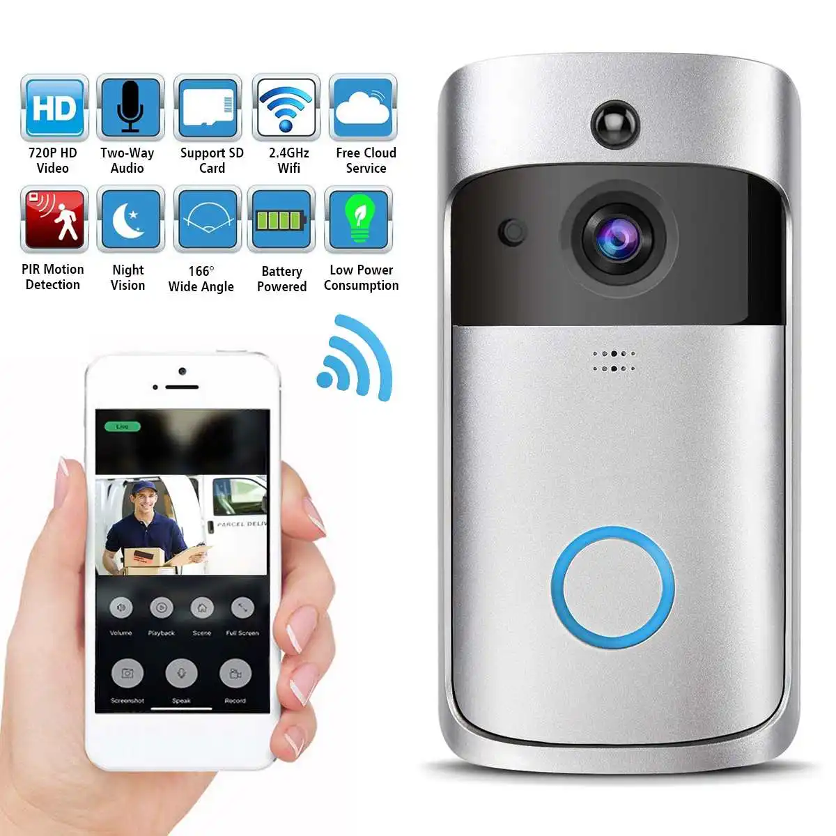 

DoorBell WiFi Smart HD Camera 720P Audio Speaker Ring Intercom Home Security Monitoring Night Vision Phone Visual Recording