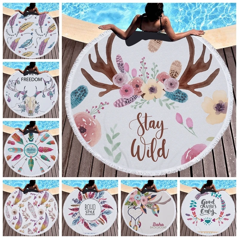 

Boho Style Feather Flowers Microfiber Round Beach Towel With Tassels Tapestry Bath Towels Kids Play Mat Travel Plane Home Decor