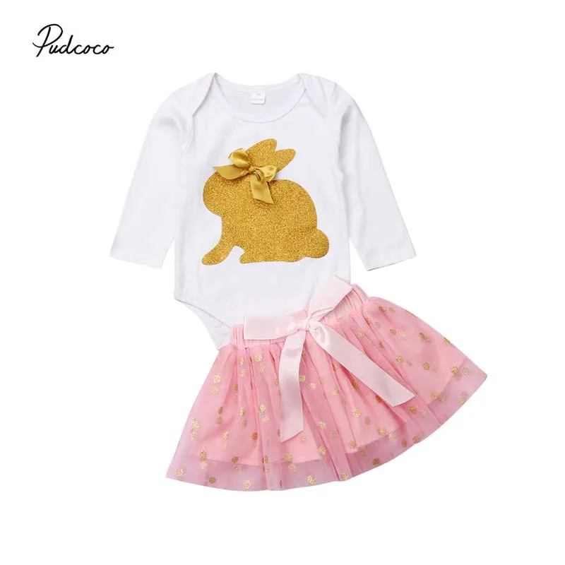 2019 Brand New Newborn Baby Girl Clothes Cute Rabbit Romper Bowknot Dot Tulle Tutu Skirt Set Spring Autumn Princess 2Pcs Toddler