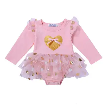

Newborn Pink Long Sleeved Rompers Gauze Lace Dress Girl Infant Bodysuit